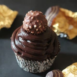 Ferrero Rocher Stuffed Chocolate Cupcakes with Chocolate Ganache Frosting