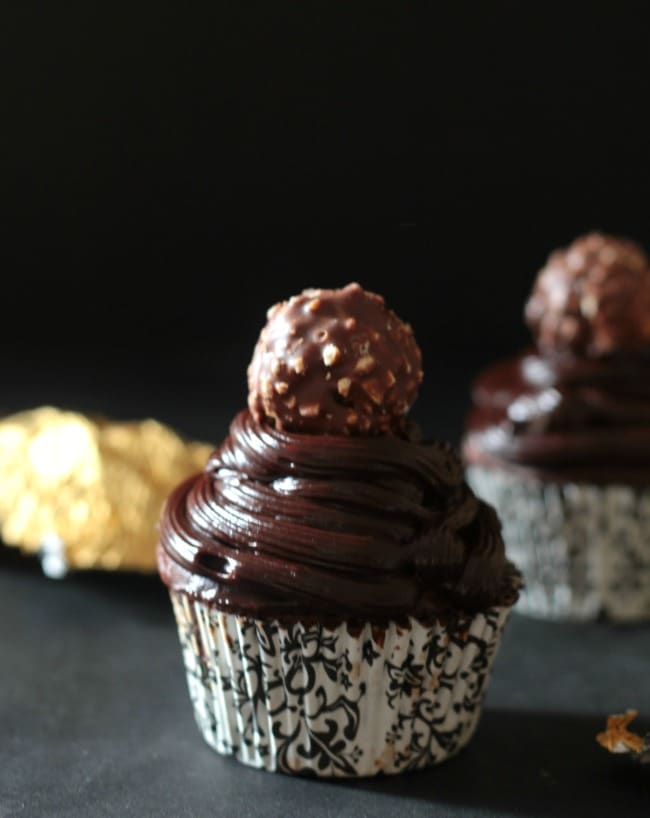 Ferrero Rocher Stuffed Chocolate Cupcakes with Chocolate Ganache Frosting