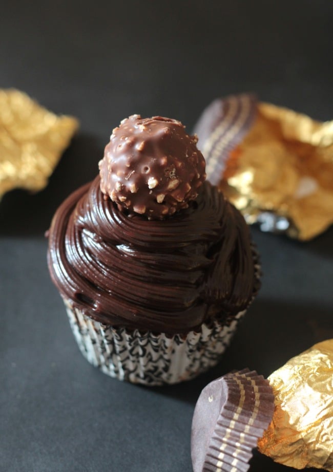 Ferrero Rocher Stuffed Chocolate Cupcakes with Chocolate Ganache Frosting