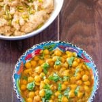 Punjabi Chole Masala Served in a Blue Bowl with Suji ka Halwa