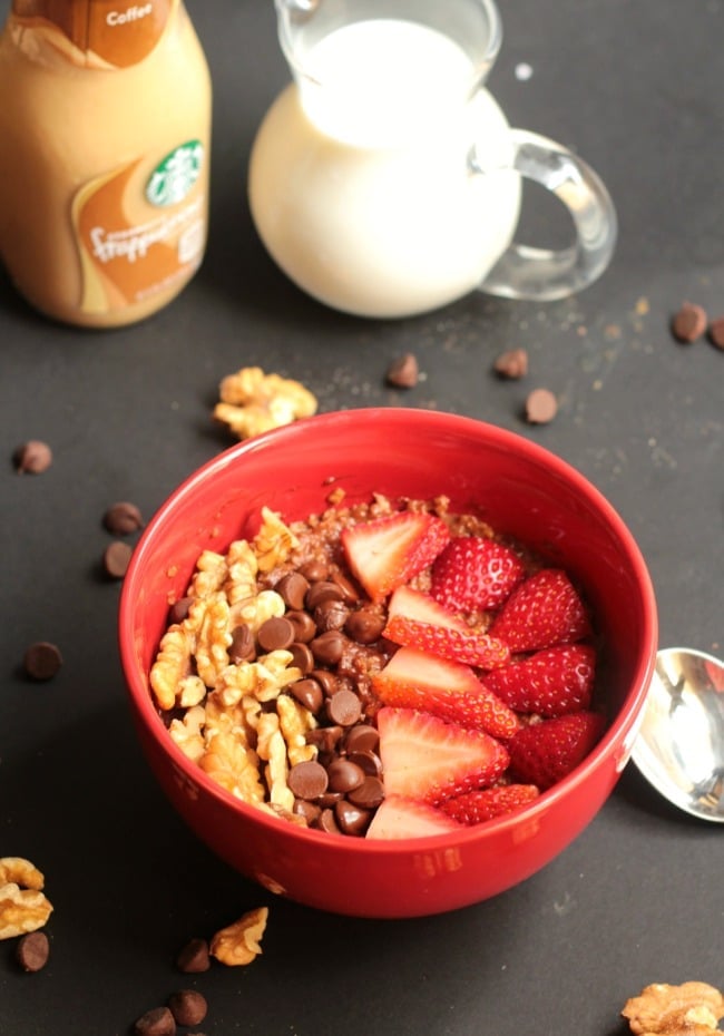 Walnut Brownie Oatmeal Bowl with Strawberries