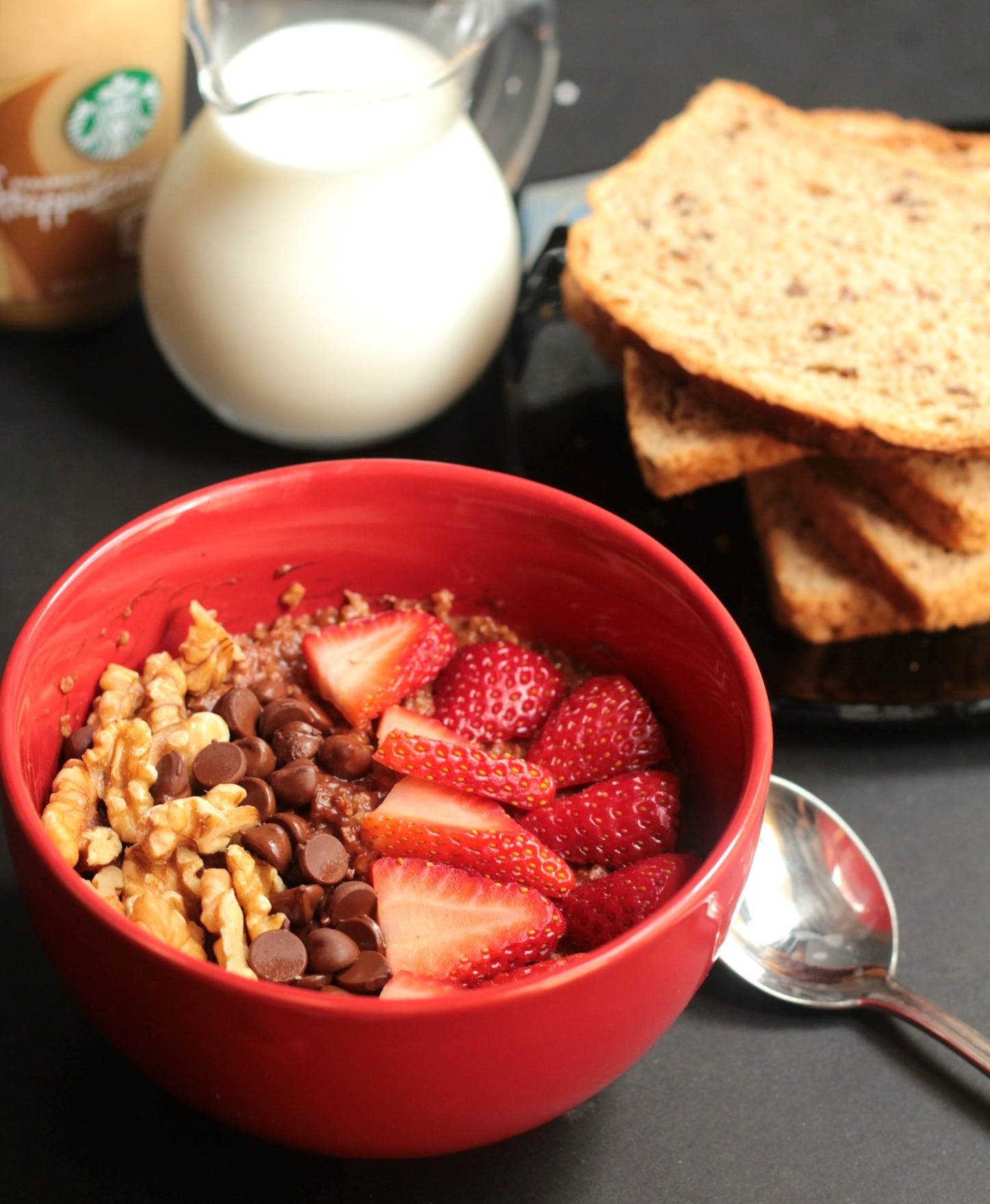 Walnut Brownie Oatmeal Bowl with Strawberries