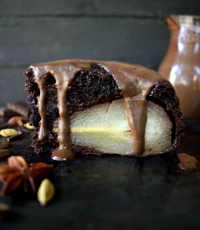 Vegan Chocolate Cake with Poached Pears