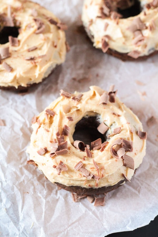 Peanut Butter Frosted Baked Chocolate Donuts 