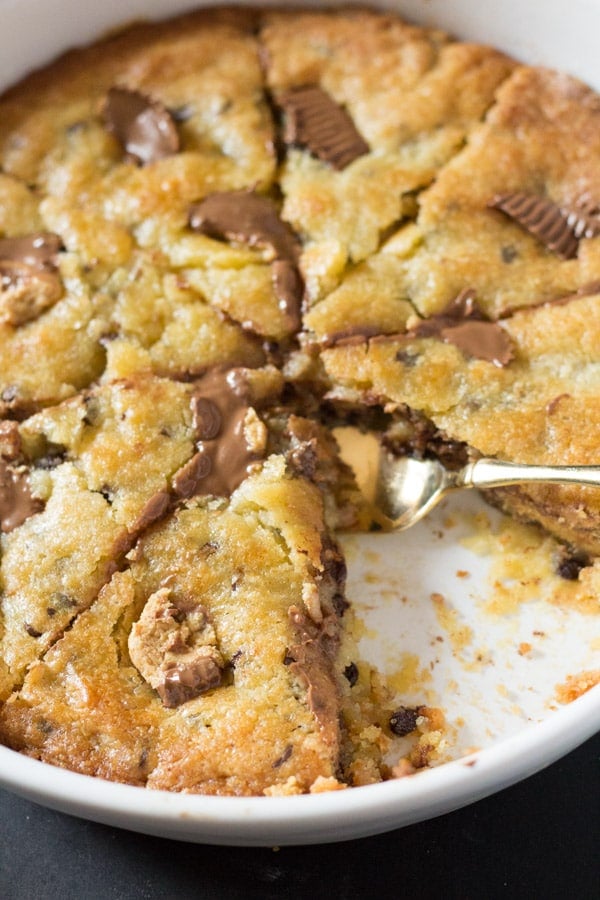 Giant Chocolate Chip Cookie Stuffed with Peanut Butter Cups