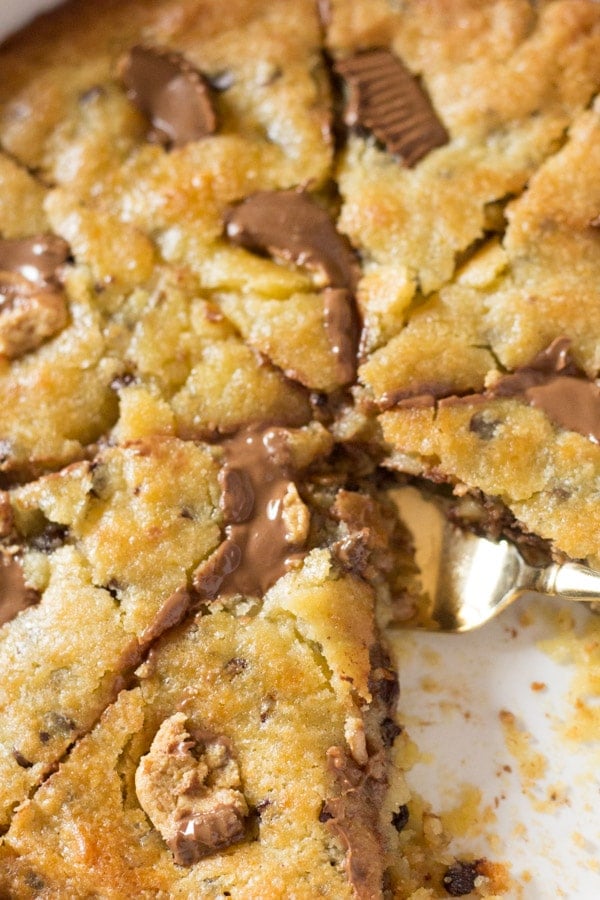 Giant Chocolate Chip Cookie Stuffed with Peanut Butter Cups