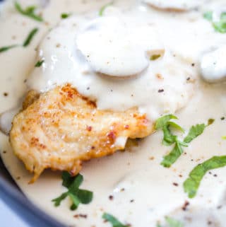 closeup shot of creamy mushroom chicken in a cast iron skillet with parsley garnish