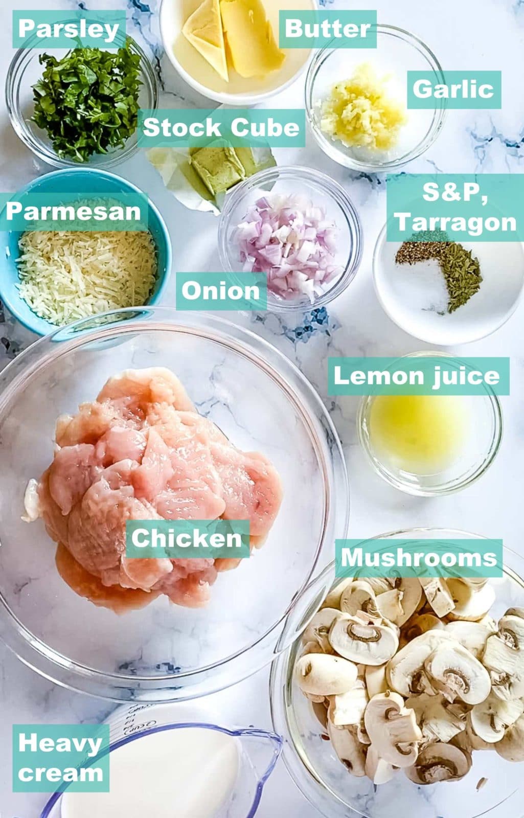 ingredients set up as mis en place for this easy keto chicken recipe