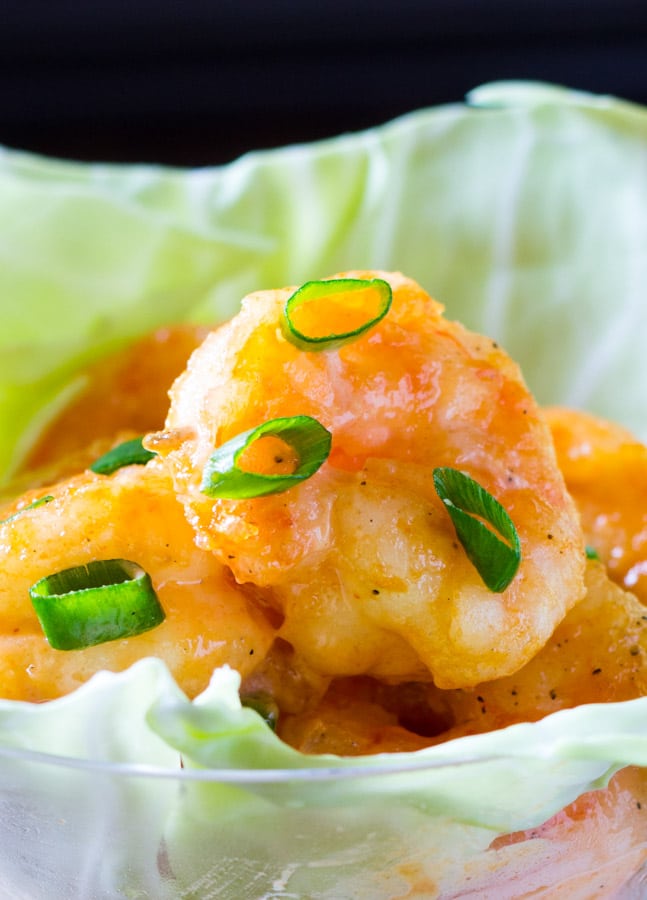 Closeup of Dynamite Shrimp with scallion garnish.