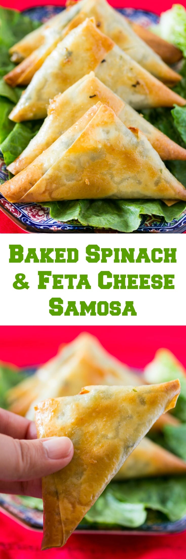 A collage of baked spinach and feta cheese filled samosa