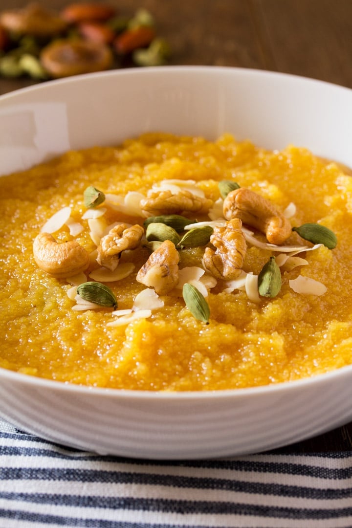 Suji Ka Halwa (rava sheera) in a white bowl.