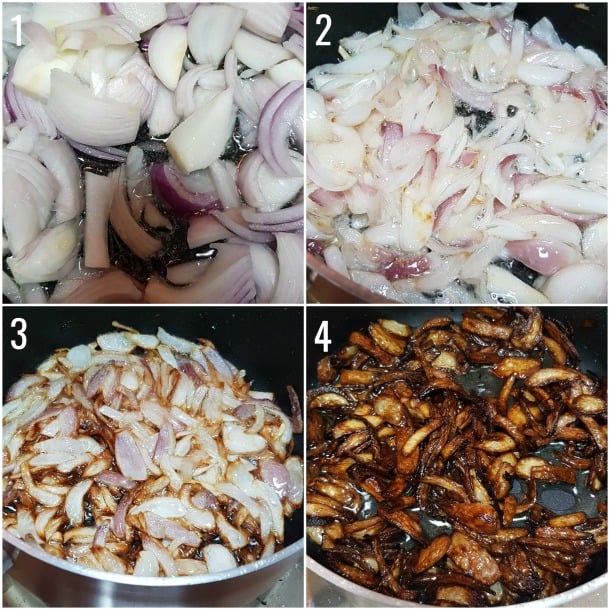 Steps for caramelizing onions for haleem toppings