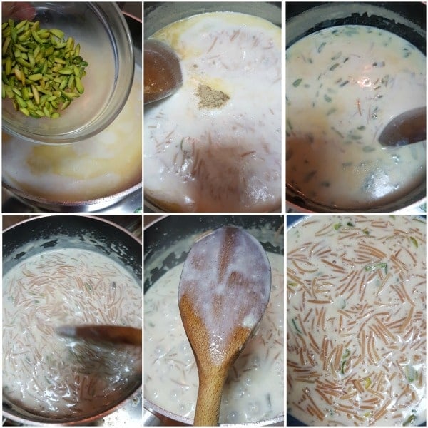 A collage of photos showing how to make vermicelli pudding.