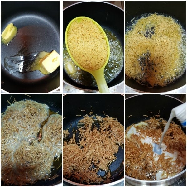 A collage of photos showing the steps of making seviyan kheer.