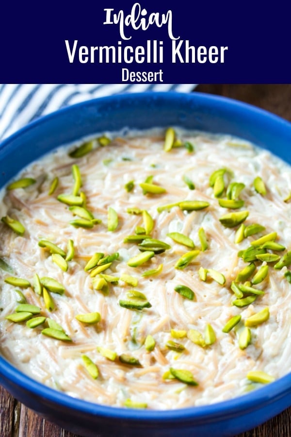 A photo of vermicelli kheer with an overlay of text. 