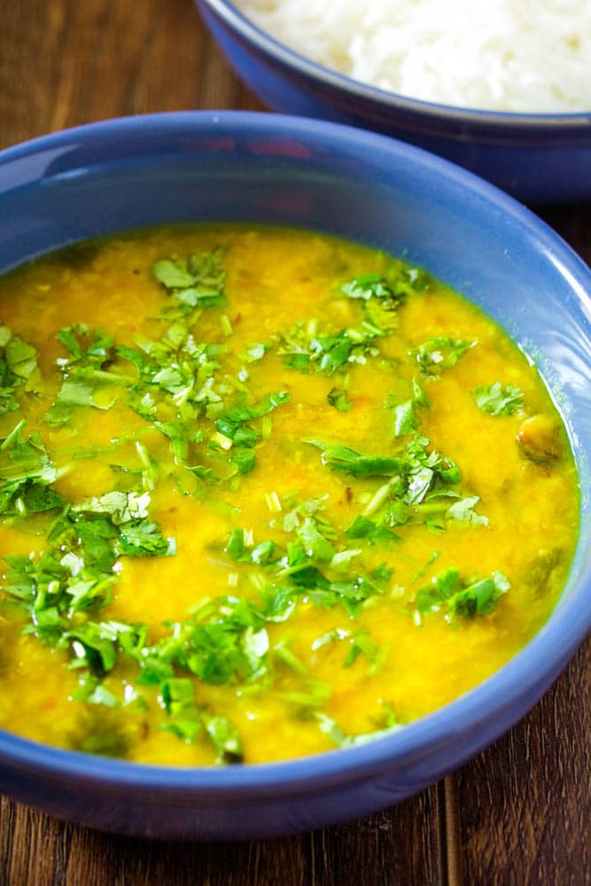 Moong Dal Tadka served in a blue bowl, garnished with chopped coriander. Served with white rice.