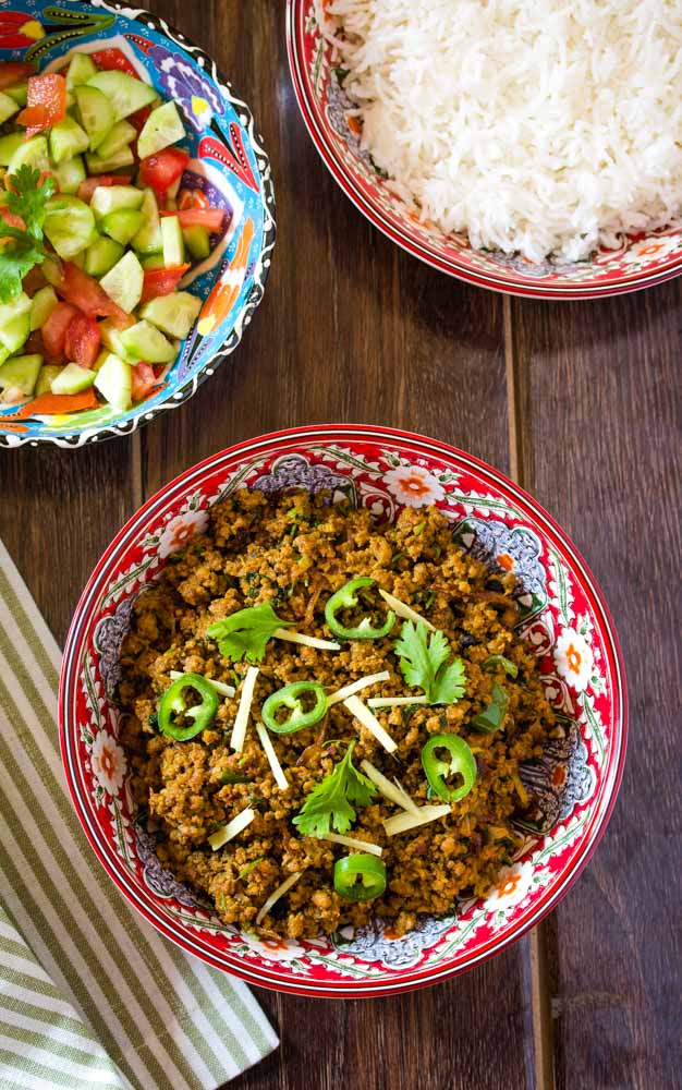 Beef keema served with white rice and kachumber salad.