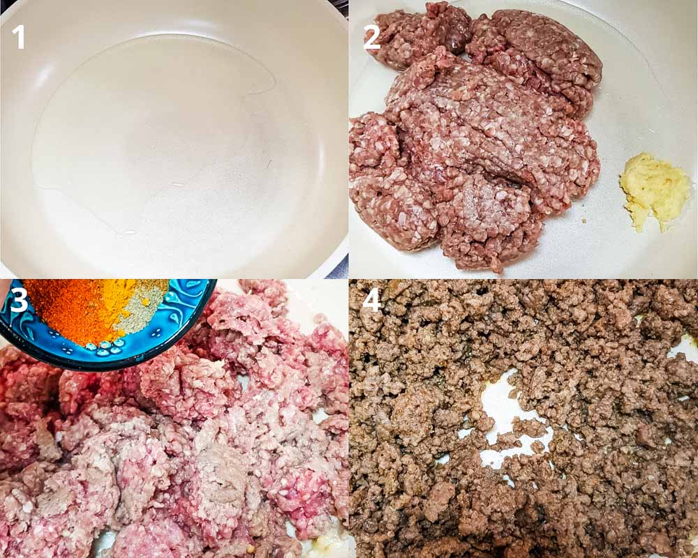 steps showing how to make the meat filling for mutabbaq