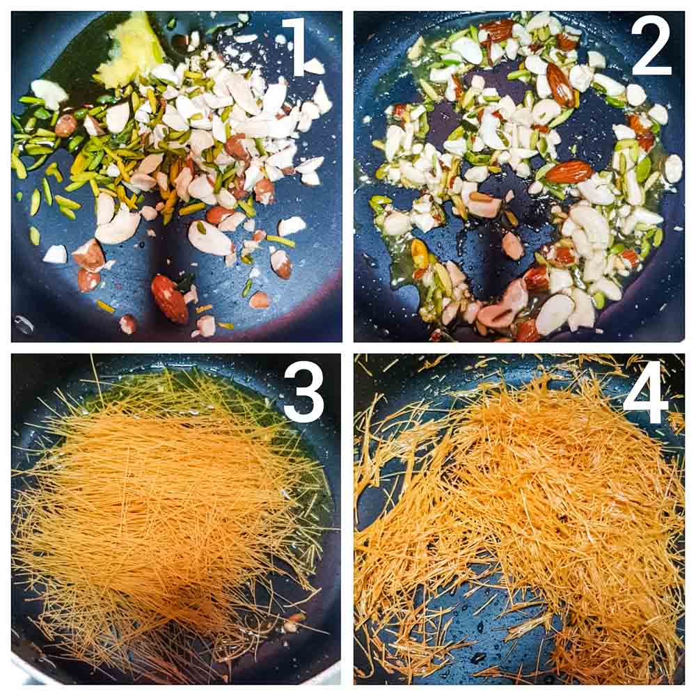 Step-by-step nuts and vermicelli toasting in a pan.