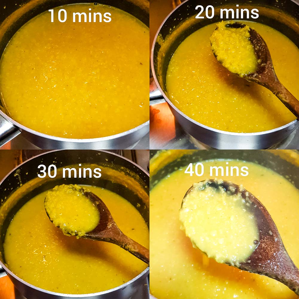 A collage of pictures showing the different stages of cooking masoor dal. 