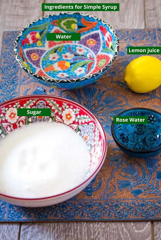 Ingredients for the rose water simple sugar syrup: water, lemon juice, sugar and rose water