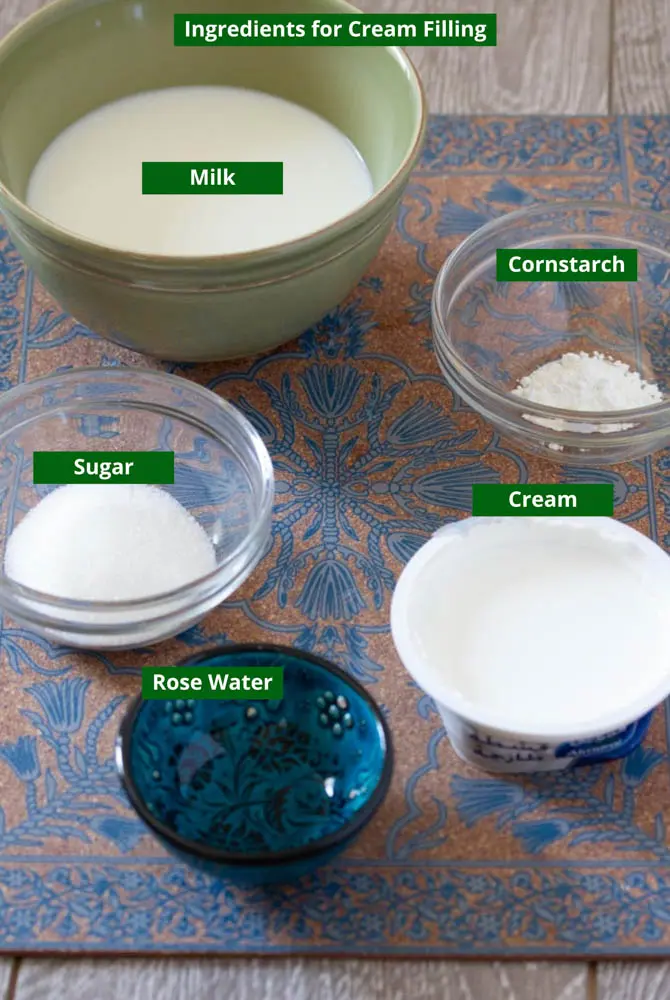 Ingredients for the Cream Filling: Milk, cornstarch, sugar, cream and rose water