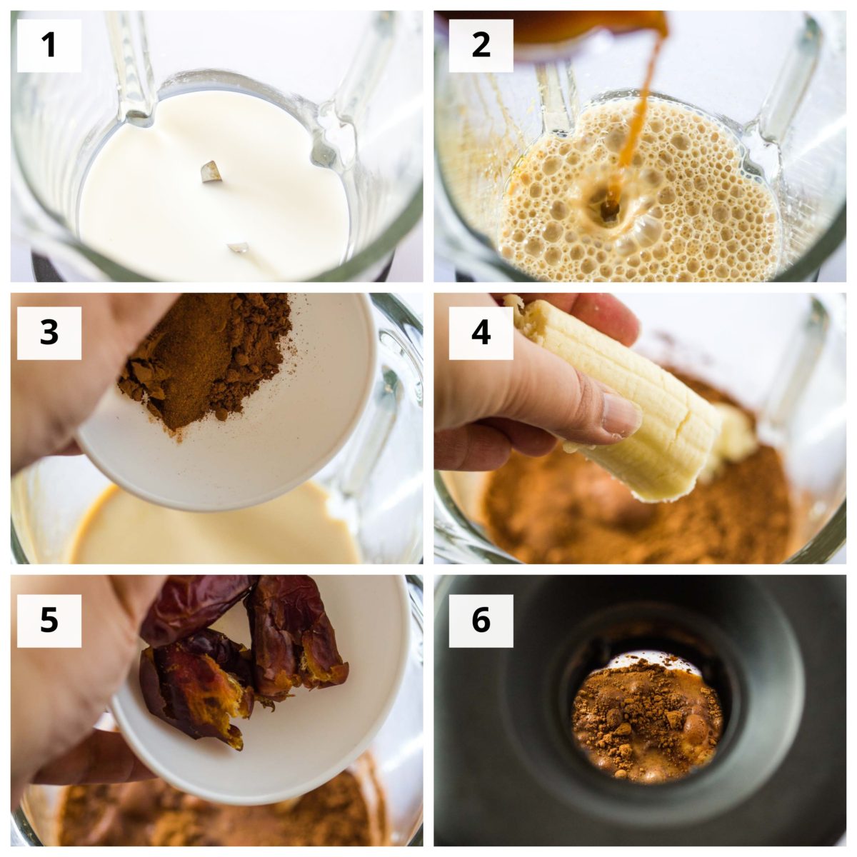 a collage of step by step photos on how to make coffee banana smoothie.