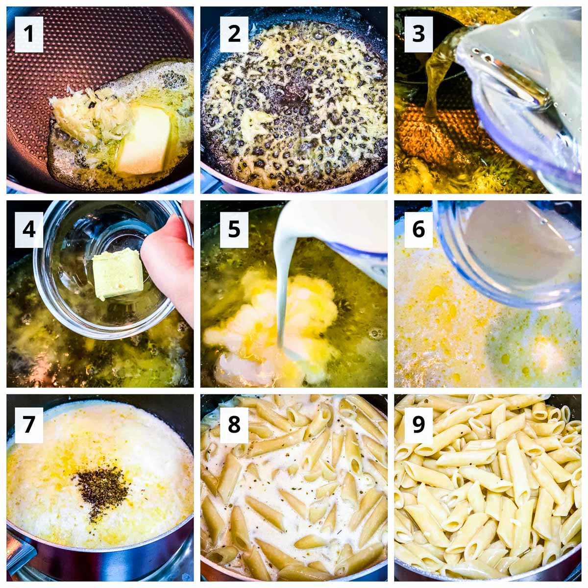 A step by step collage on how to make creamy garlic pasta.