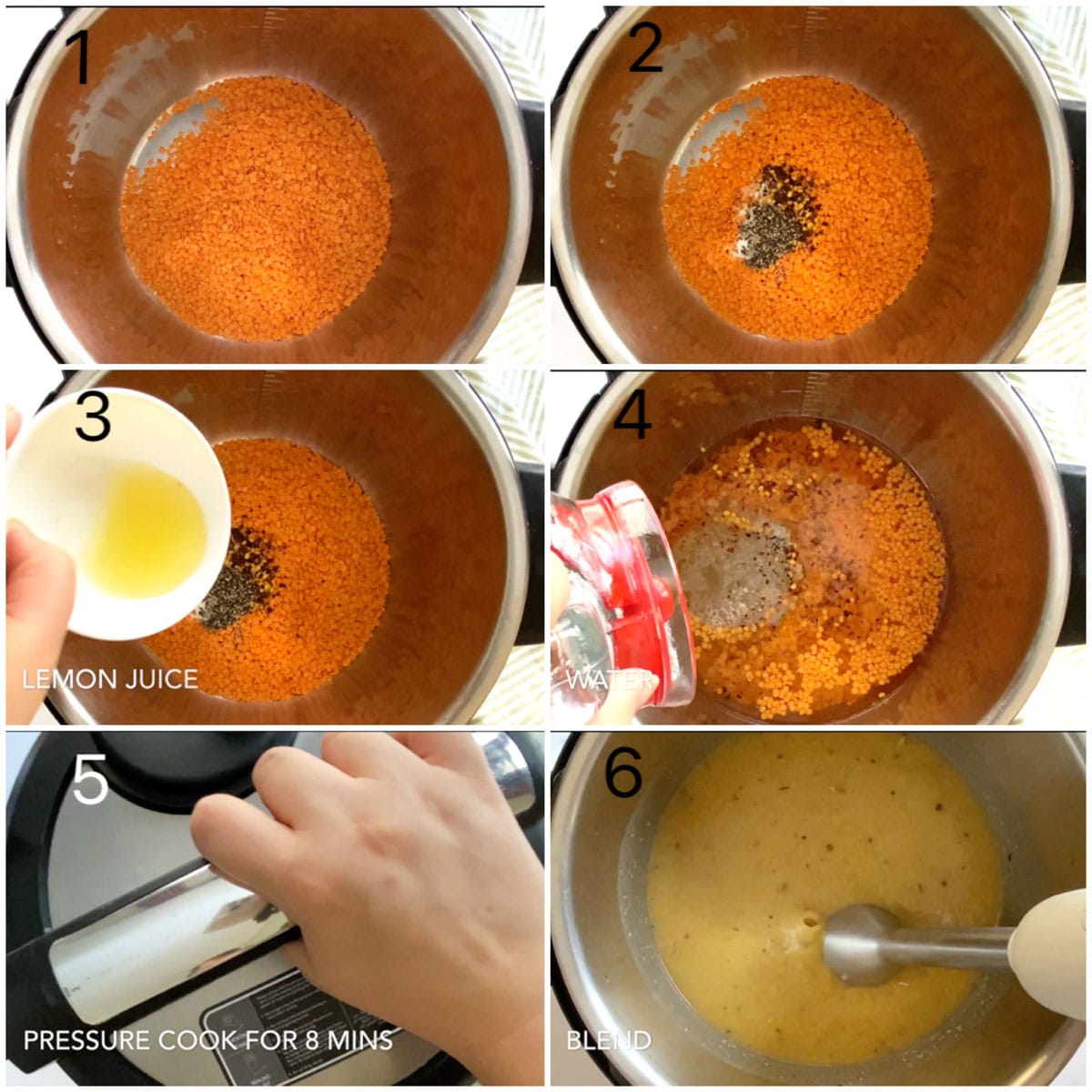 step by step photos for making instant pot red lentil soup.