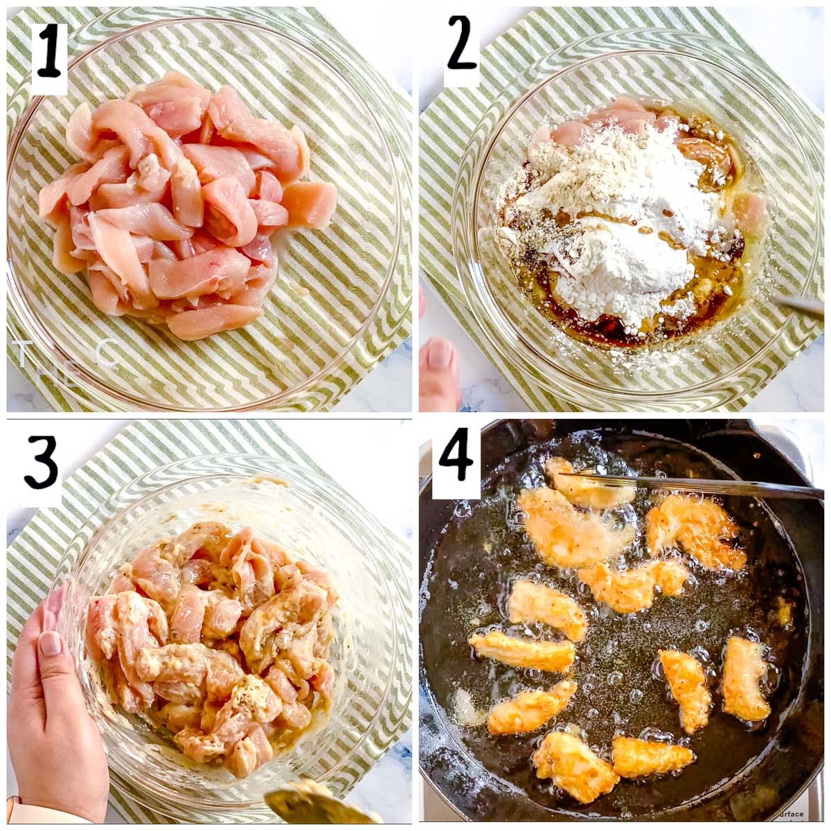 step by step photos of marinating and frying the chicken.