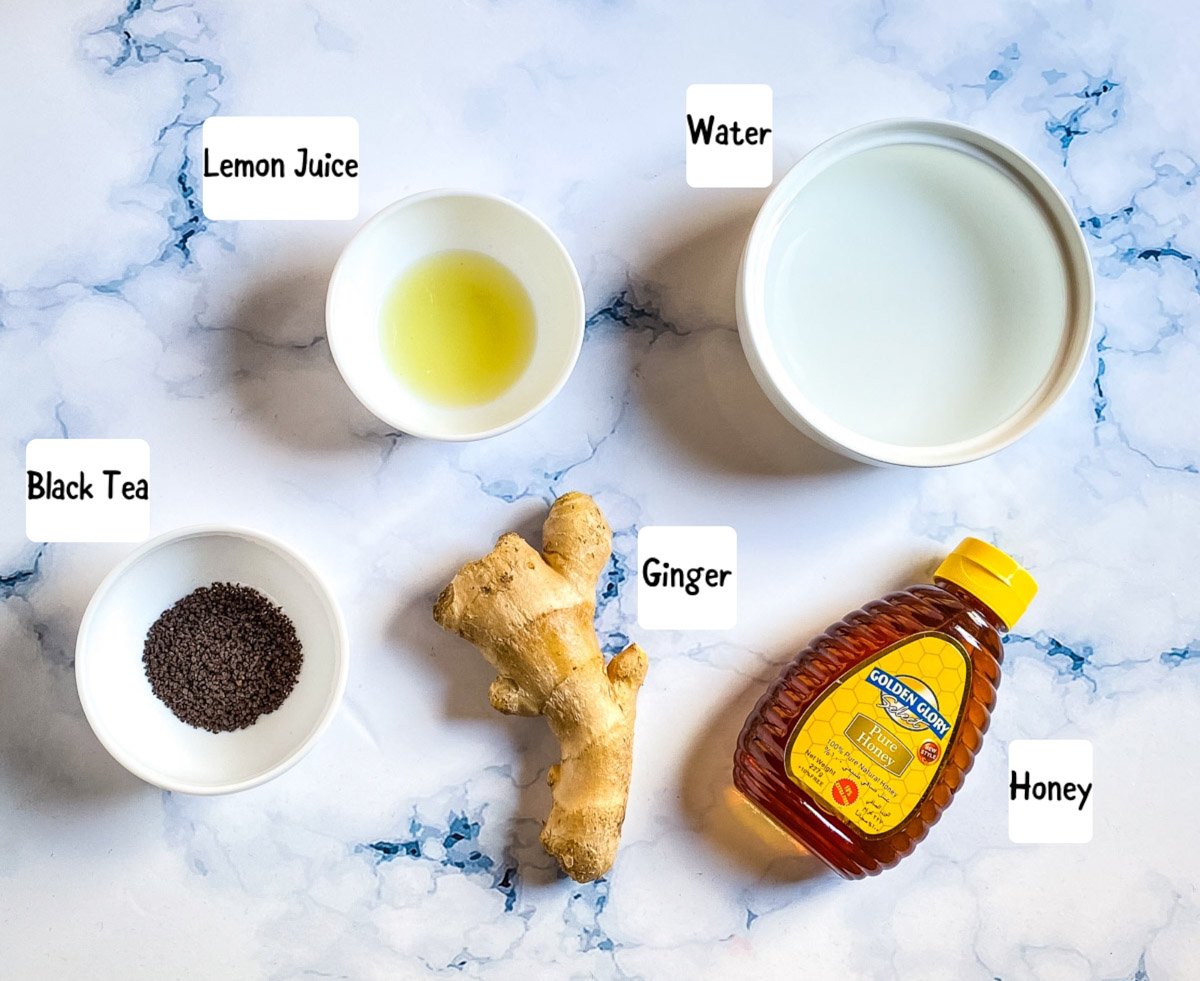 Ingredients for honey lemon tea with ginger.