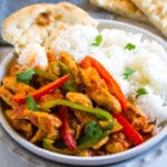 Chicken Jalfrezi served with white rice and naan.