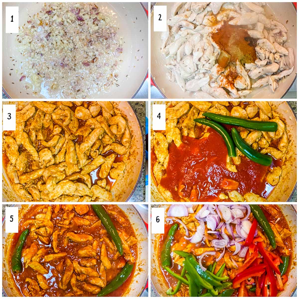 A collage of steps showing how to make chicken jalfrezi at home.