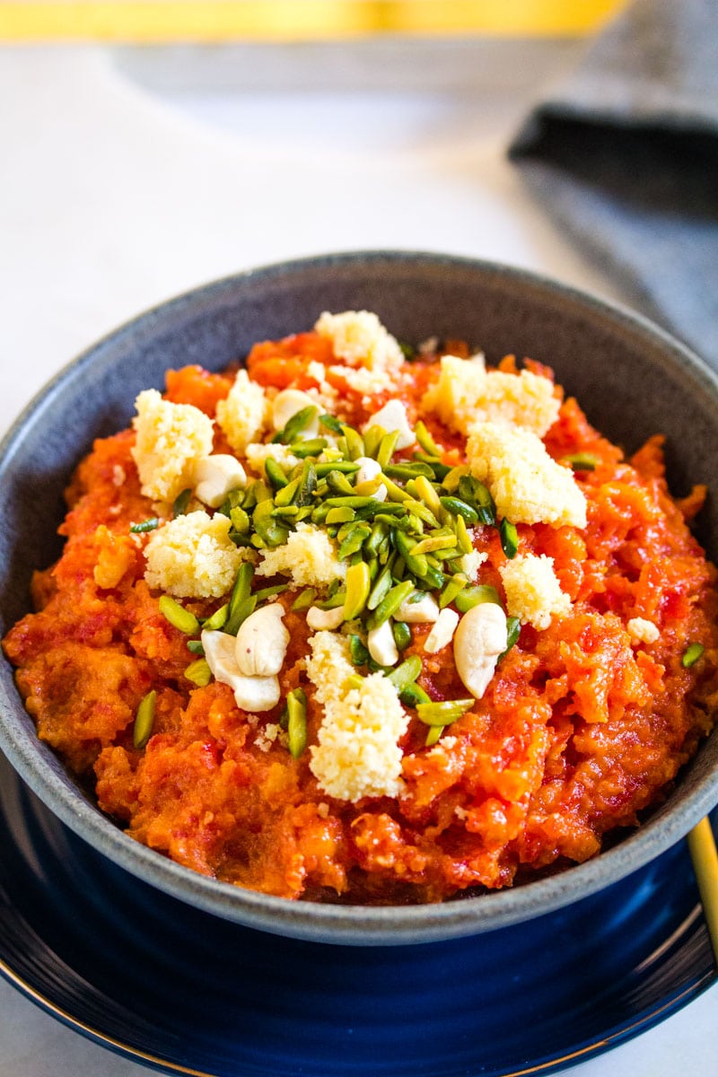 Close up shot of Pakistani Gajar Halwa with pistachios.