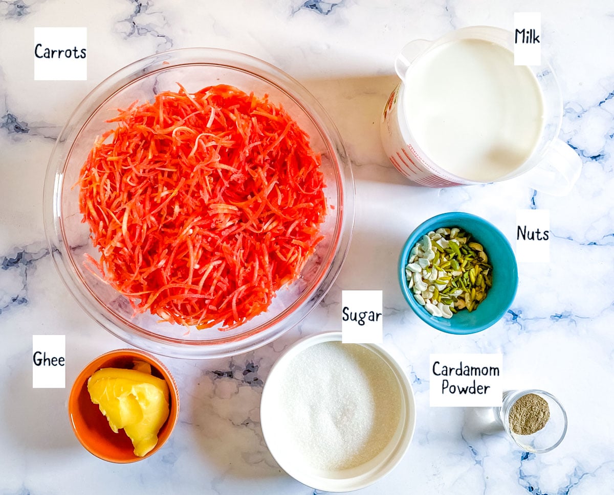 Ingredients needed to make gajar ka halwa.