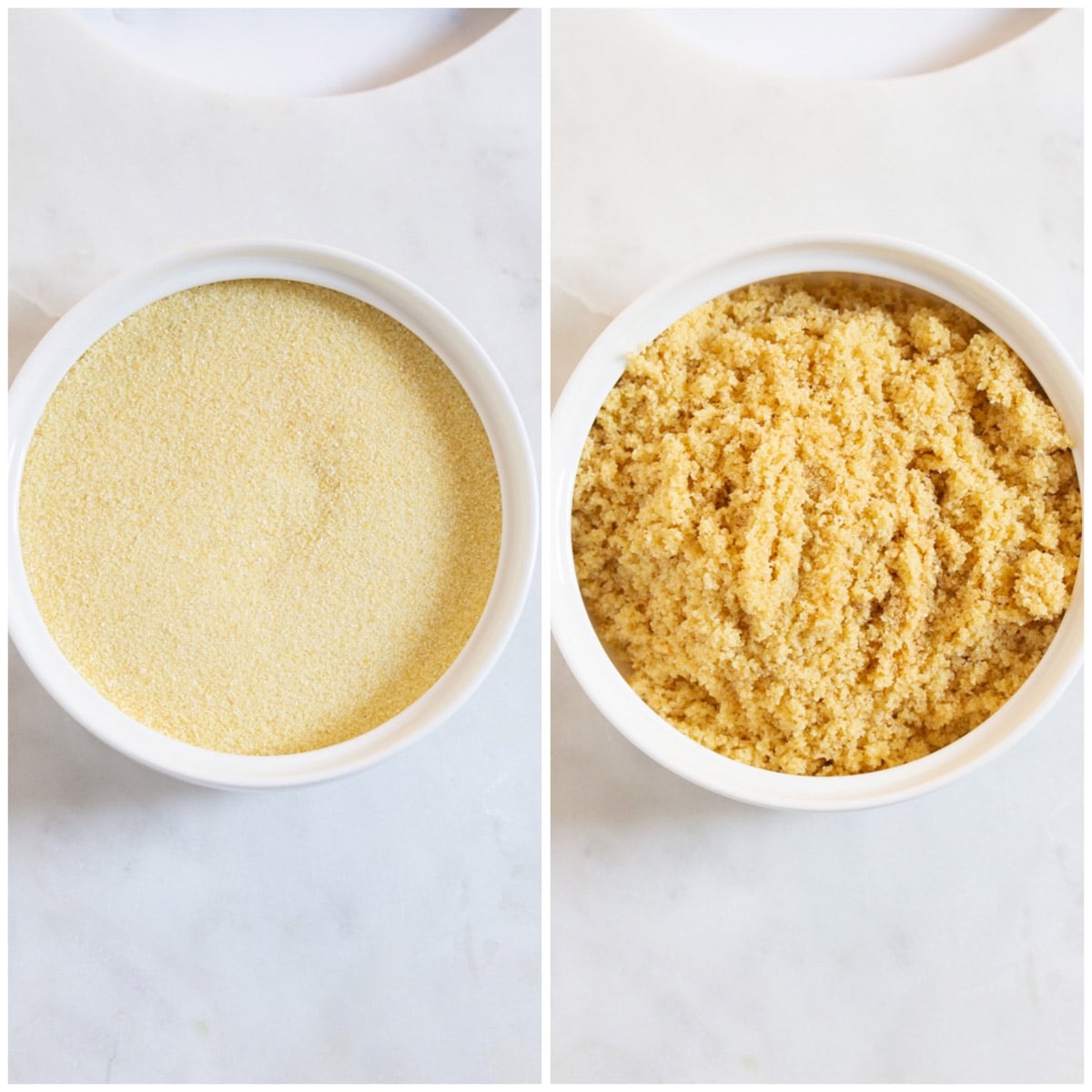 A collage comparing raw semolina and roasted semolina.