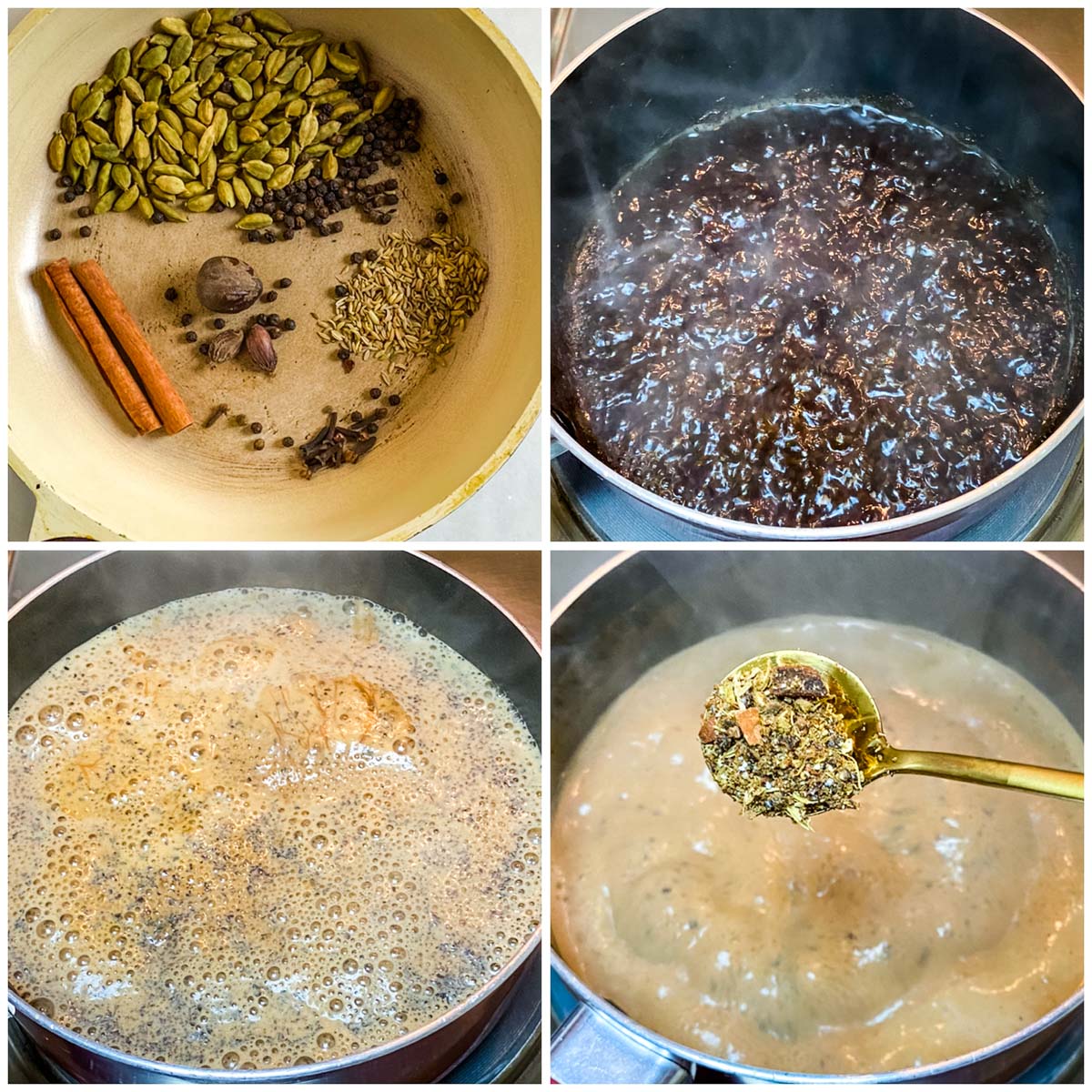 Step-by-step photos making chai masala in a pot.