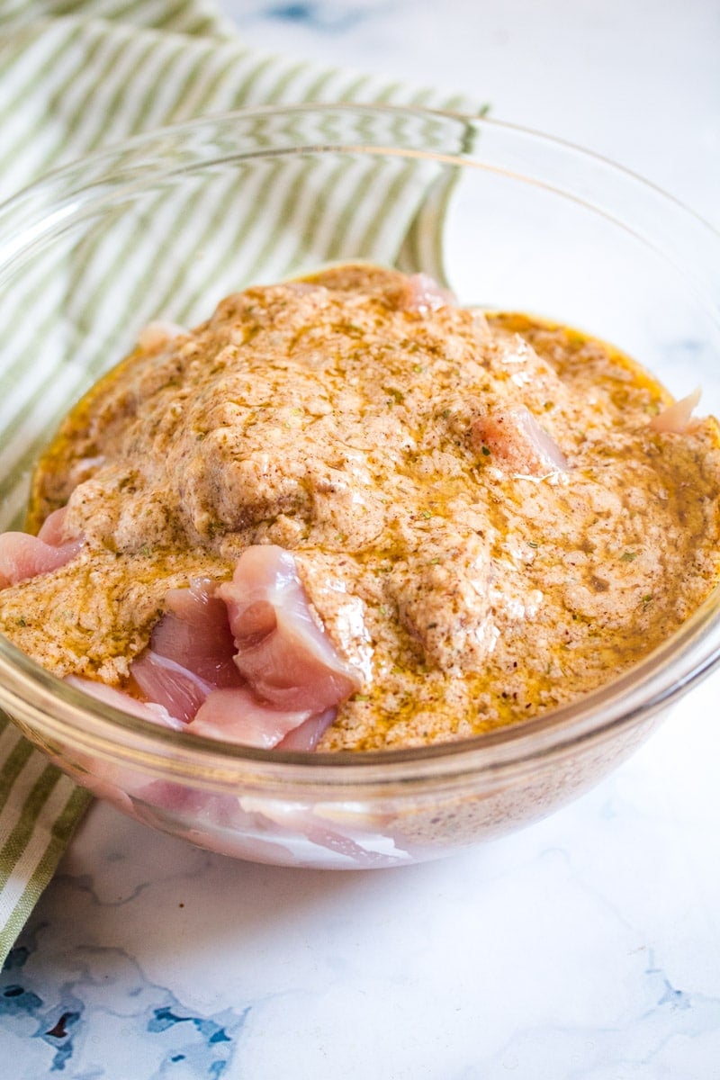 Chicken pieces coated with a yogurt and garlic marinade.