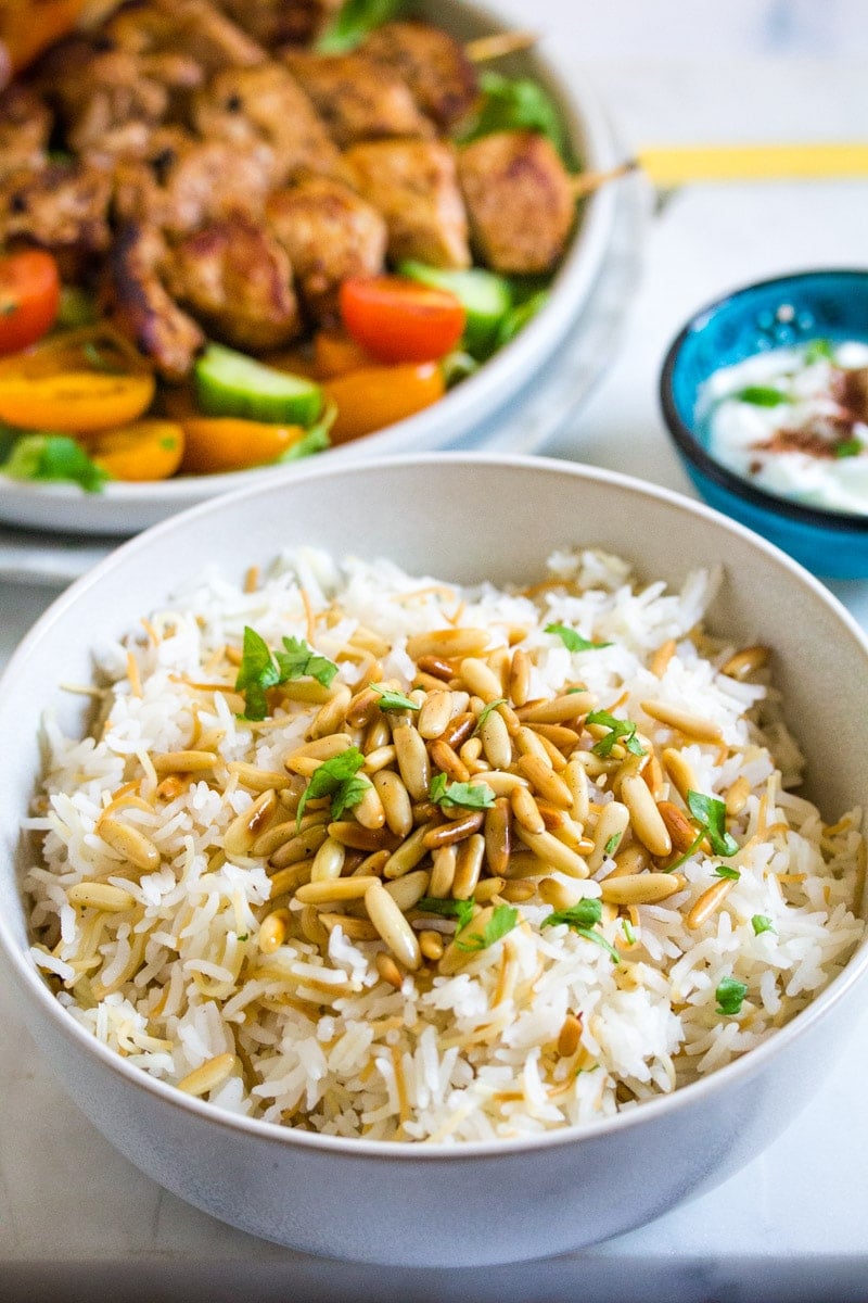 Vermicelli rice served as a side with shish tawook and yogurt.