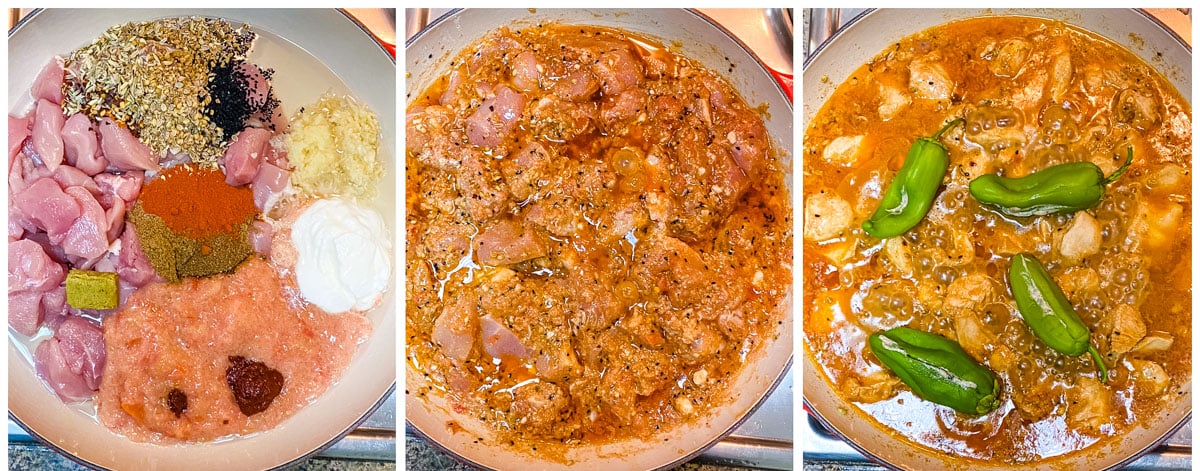 A collage of three pictures showing how to make achari chicken.