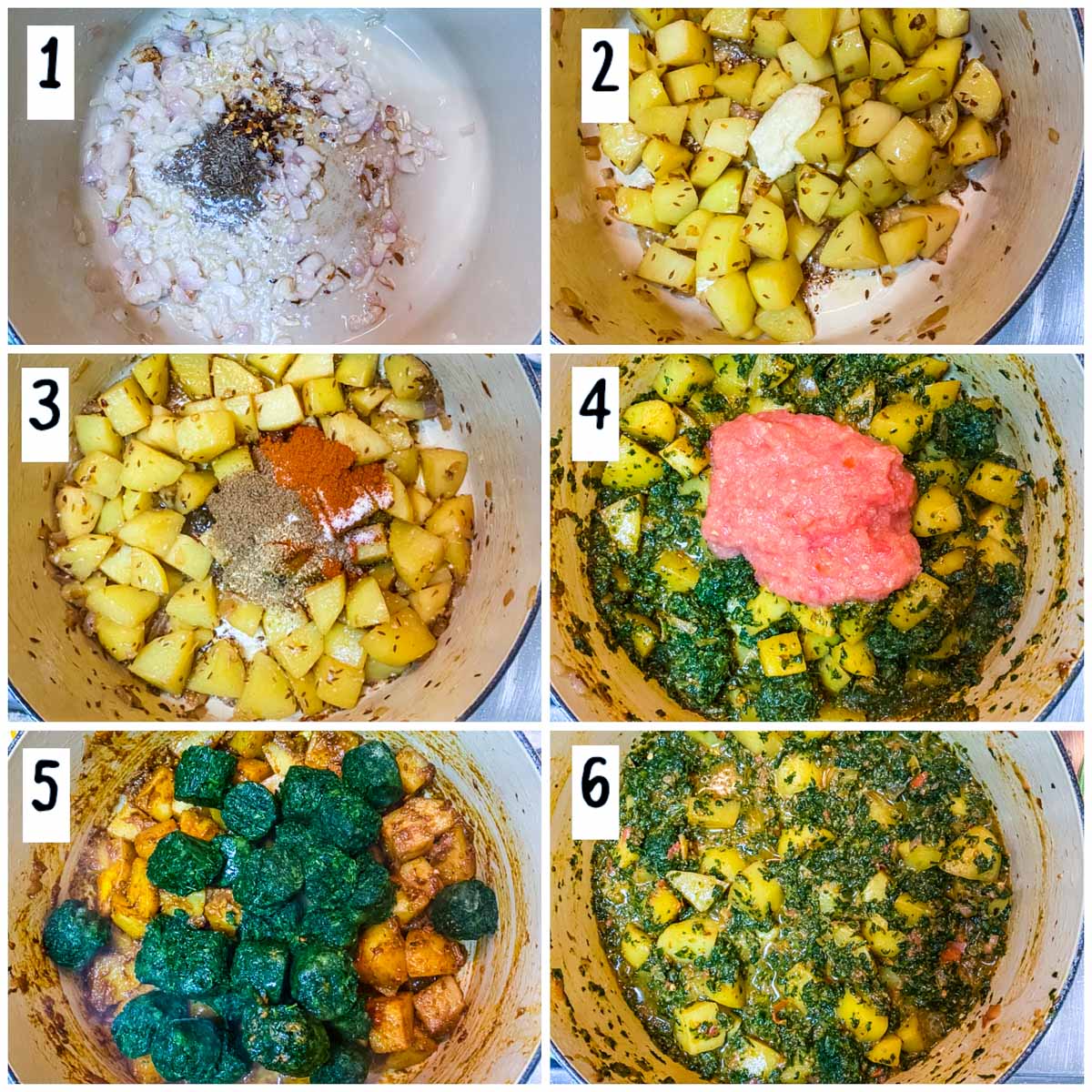 A collage of photos showing how to make aloo palak.