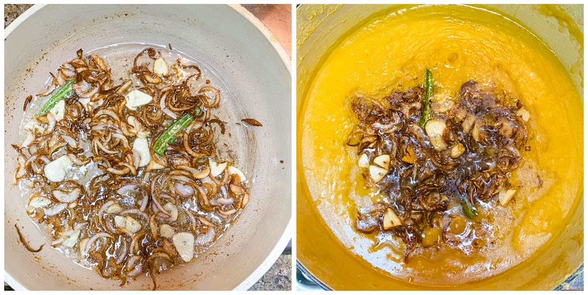 A collage of two pictures showing the process of making a spice tempering for lentils. 