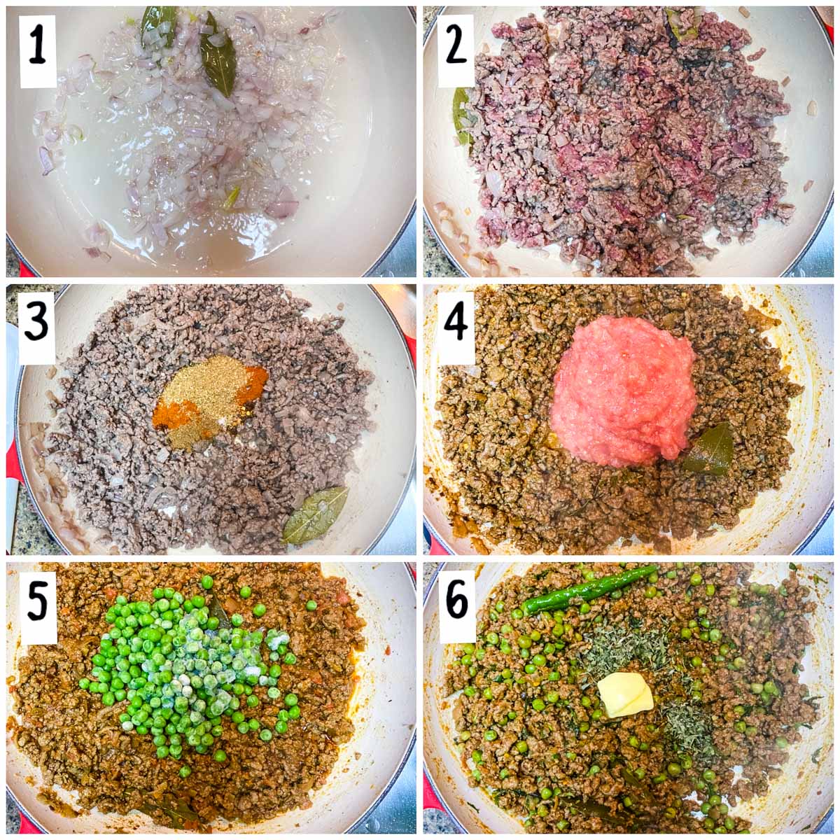 A collage of process shots to make Keema Matar. 