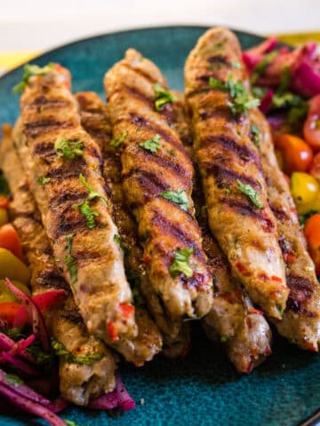 Close up of chicken adana with vegetables