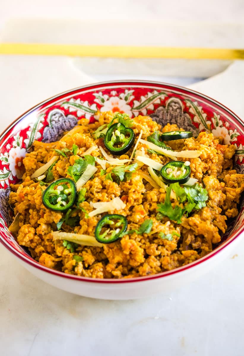 Chicken keema with jalapenos.