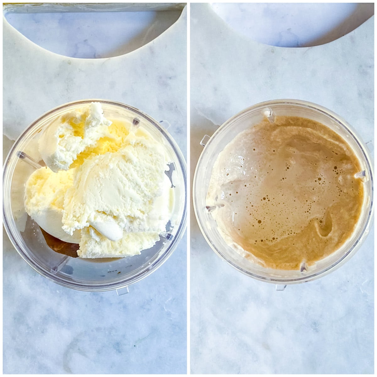 A collage of two pictures showing how to make coffee milkshake in a blender.