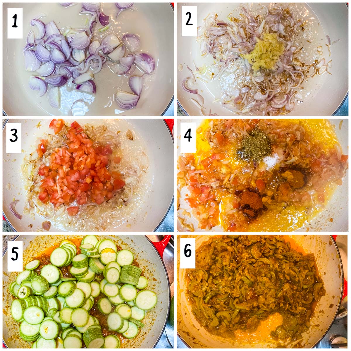 A collage of 6 pictures showing how to make zucchini curry.