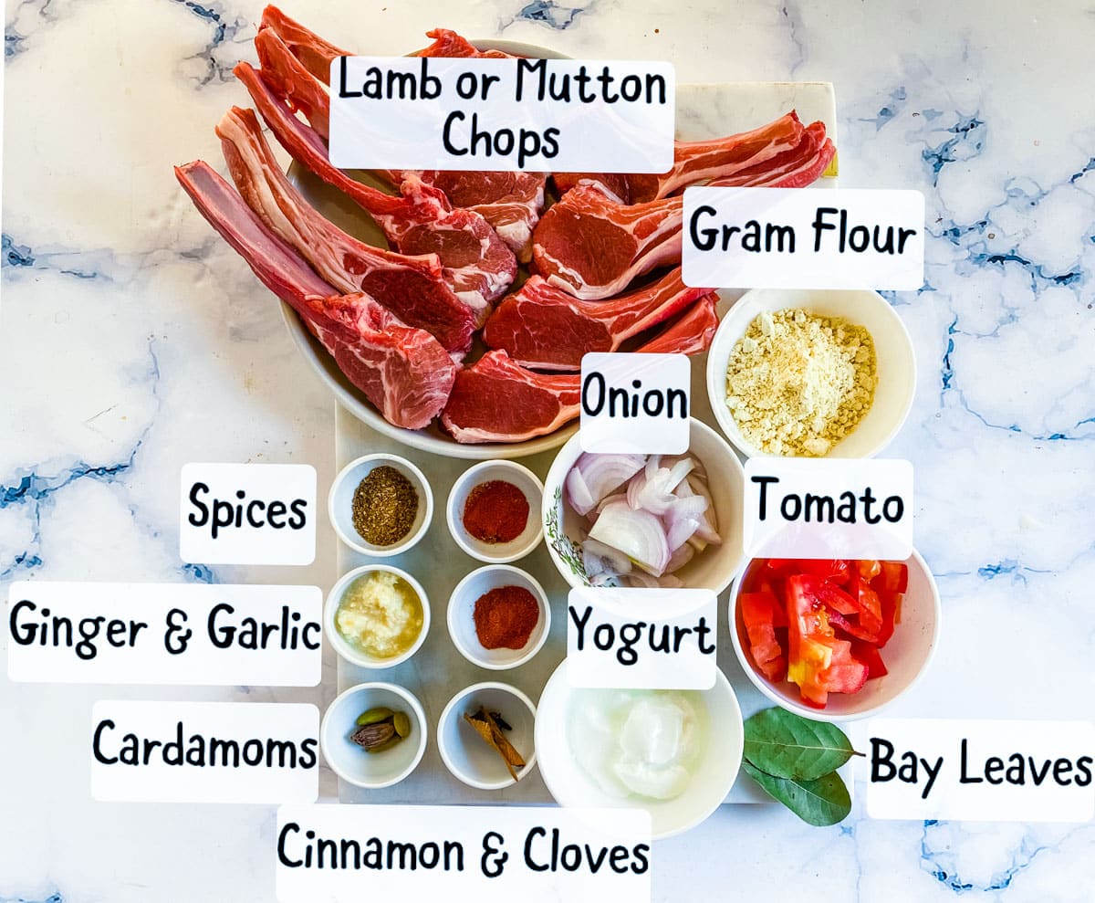 A picture of labelled ingredients needed to make mutton chops recipe.