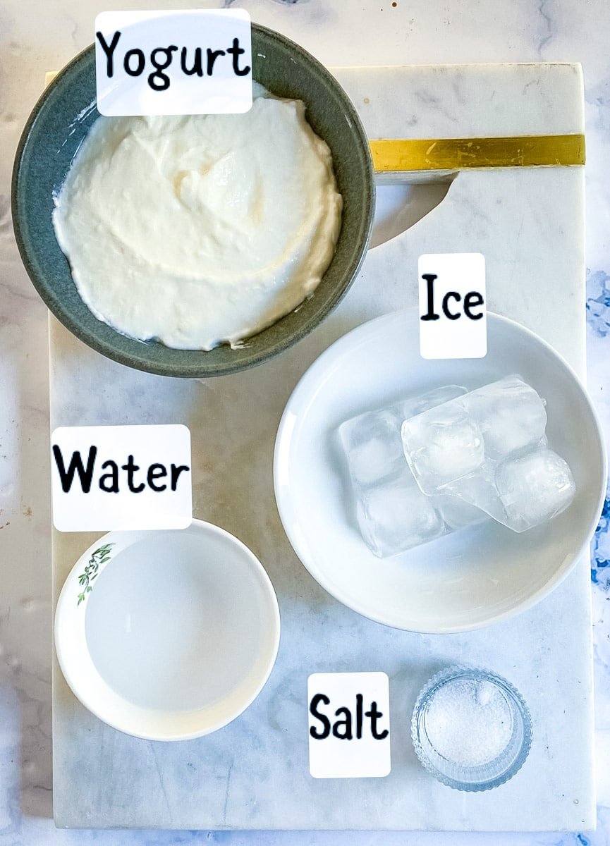 A labelled picture of ingredients needed to make lassi.