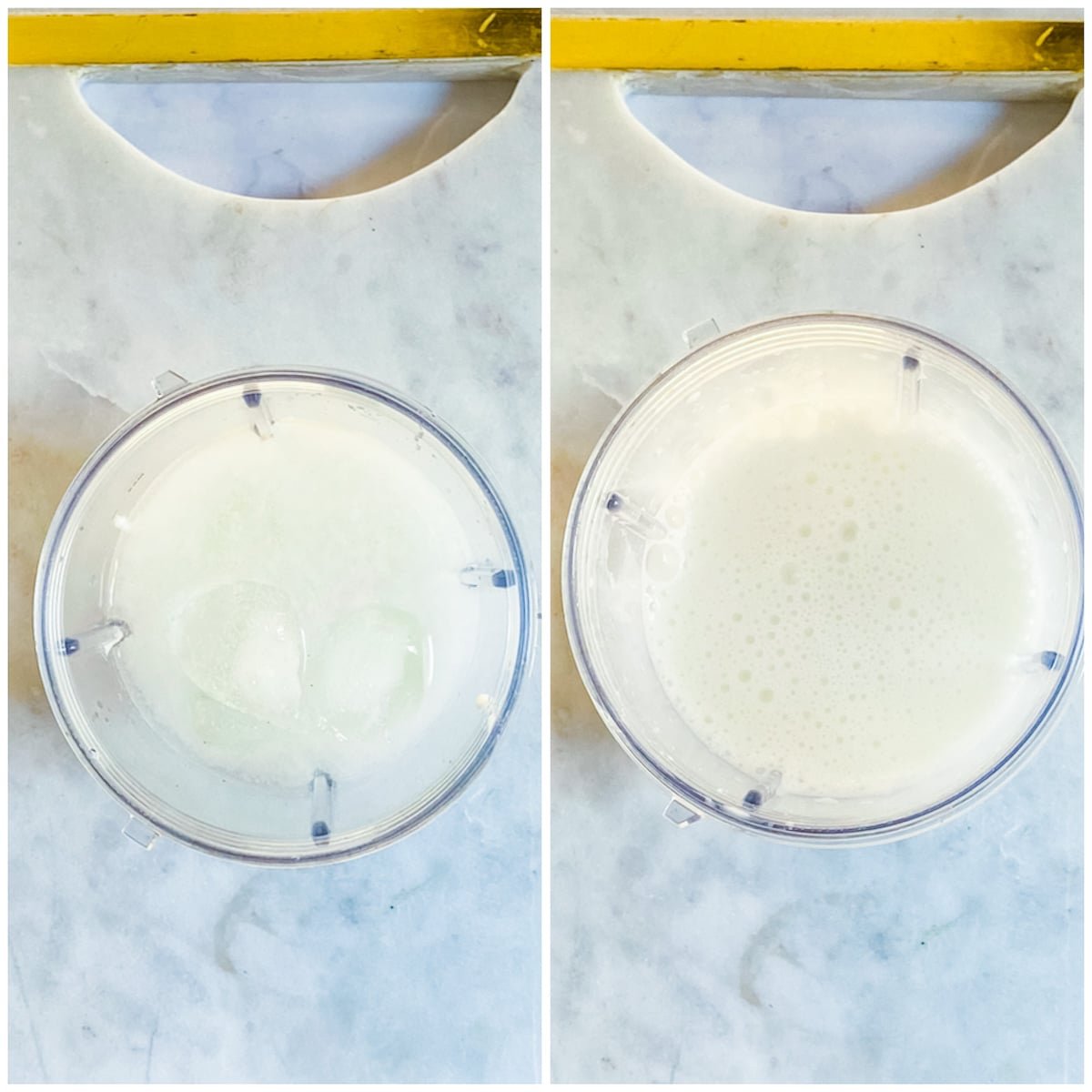 A collage of two pictures showing how to make lassi.